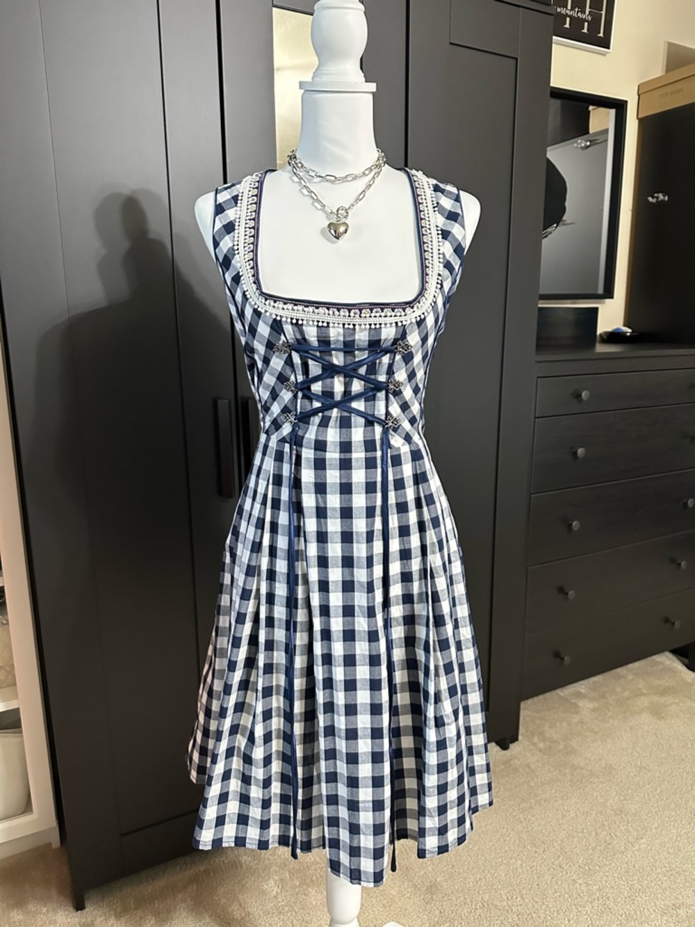 Jasambac Gingham Lace-Up Dirndl Dress Size S